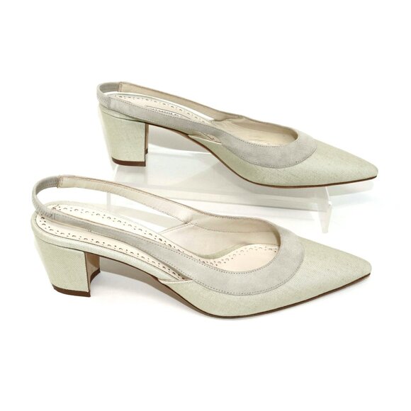 Manolo Blahnik 38 Golpeso Natural Linen & Suede Slingback Kitten Heel Mules - Picture 3 of 12